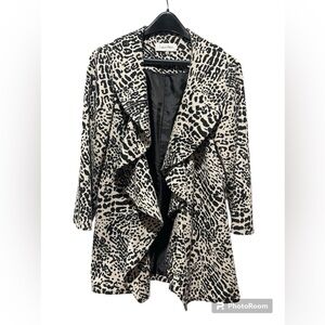 Calvin Klein Open Cardigan Duster Leopard Print Black Beige Ruffled